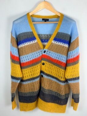 Rag & Bone Nassau Cardigan L Mohair Silk Stripe V-Neck Stella Dollface Open Knit